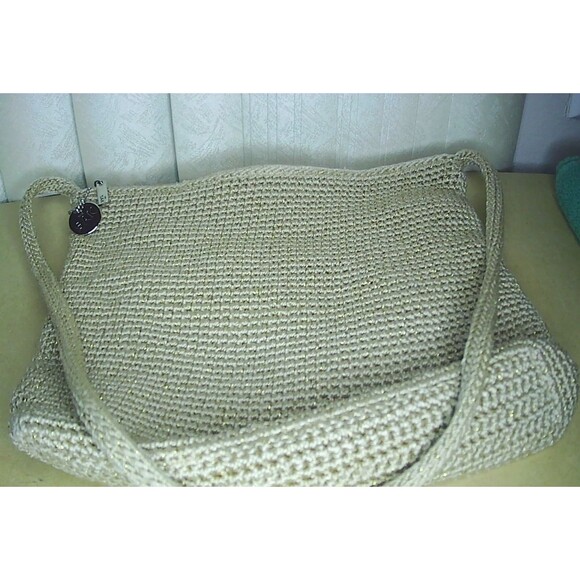 THE SAK Crochet Tan Gold Shoulder Bag Purse Knit Zip Handbag Woven 11x2x10 - Picture 1 of 5
